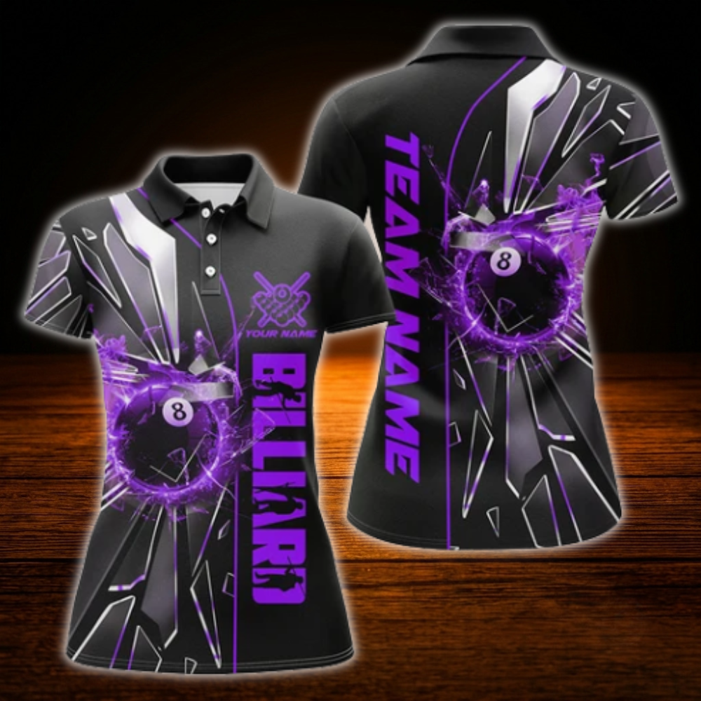 Custom Women 8 Ball Billiard Polo Shirt Purple Black, Custom 8 Ball Team Billiard Shirt For Women