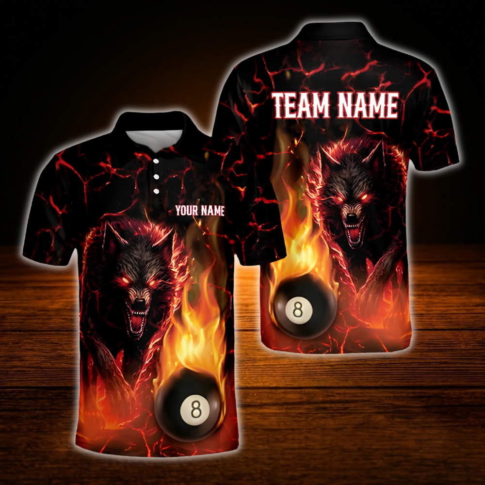 Custom Wolf Fire Billiard Men Polo Shirt, Custom Wolf Team Billiard Shirt