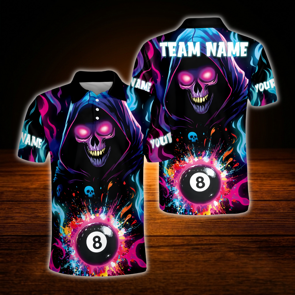 Custom Skeleton Colorful 8 Ball Billiard Polo Shirt For Men, Custom Skull Billiard Shirt Team