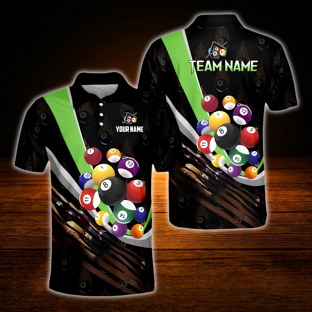 Custom Team Black Green Billiard Polo Shirt, Men's Custom Billiard Shirts