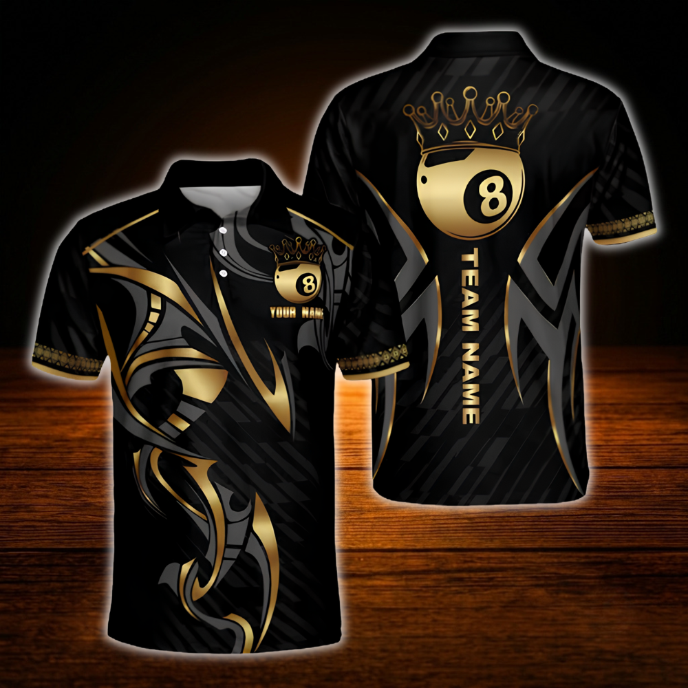 Custom 8 Ball Golden Black Billiard Polo Shirt For Men, Custom 8 Ball Pool Team Shirt