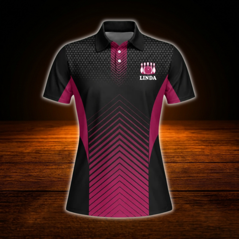 Queen Of The Lane Custom Black And Pink Bowling Polo Shirts For Women, Custom Funny Women Bowling Shirts