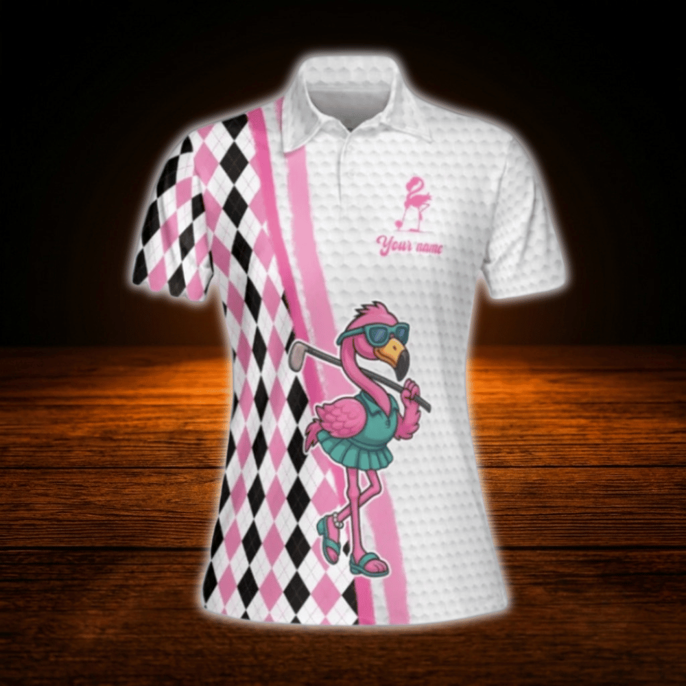 Custom  Flamingo Argyle Golf Polo Shirt For Women, Custom Flamingo Golf Team Shirt For Ladies