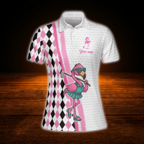 Custom  Flamingo Argyle Golf Polo Shirt For Women, Custom Flamingo Golf Team Shirt For Ladies