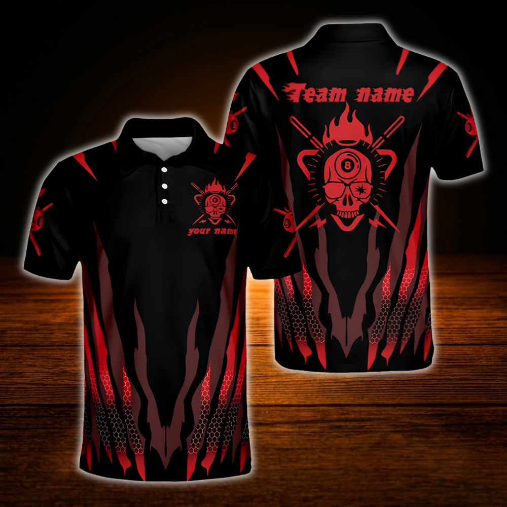 Custom Skull Red Striped Billiard Men Polo Shirt, Custom Skull Billiard Team Shirt