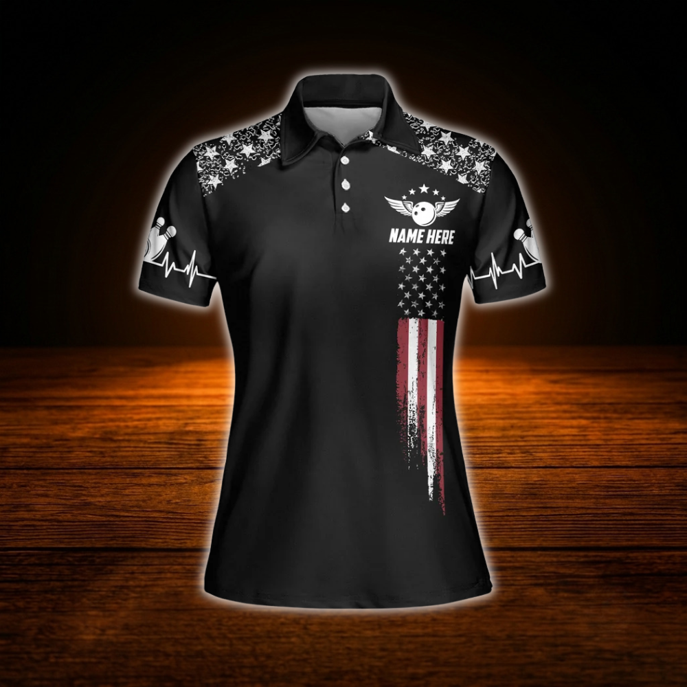 Custom American Flag  Black Polo Bowling Shirt For Women, Custom Patriotic Women Bowling Team Shirts