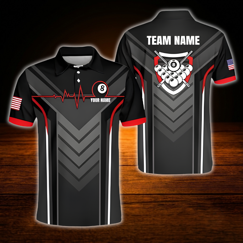 Custom Team Black Red Billiard Polo Shirt, Custom Billiard Team Shirt