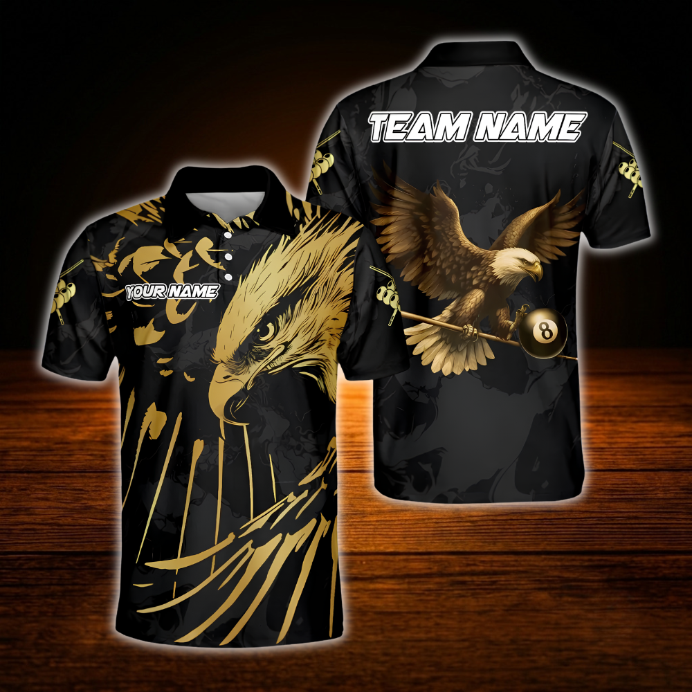 Custom Eagle Gold Black Billiard Polo Shirt Men, Custom Eagle Team Billiard Shirt