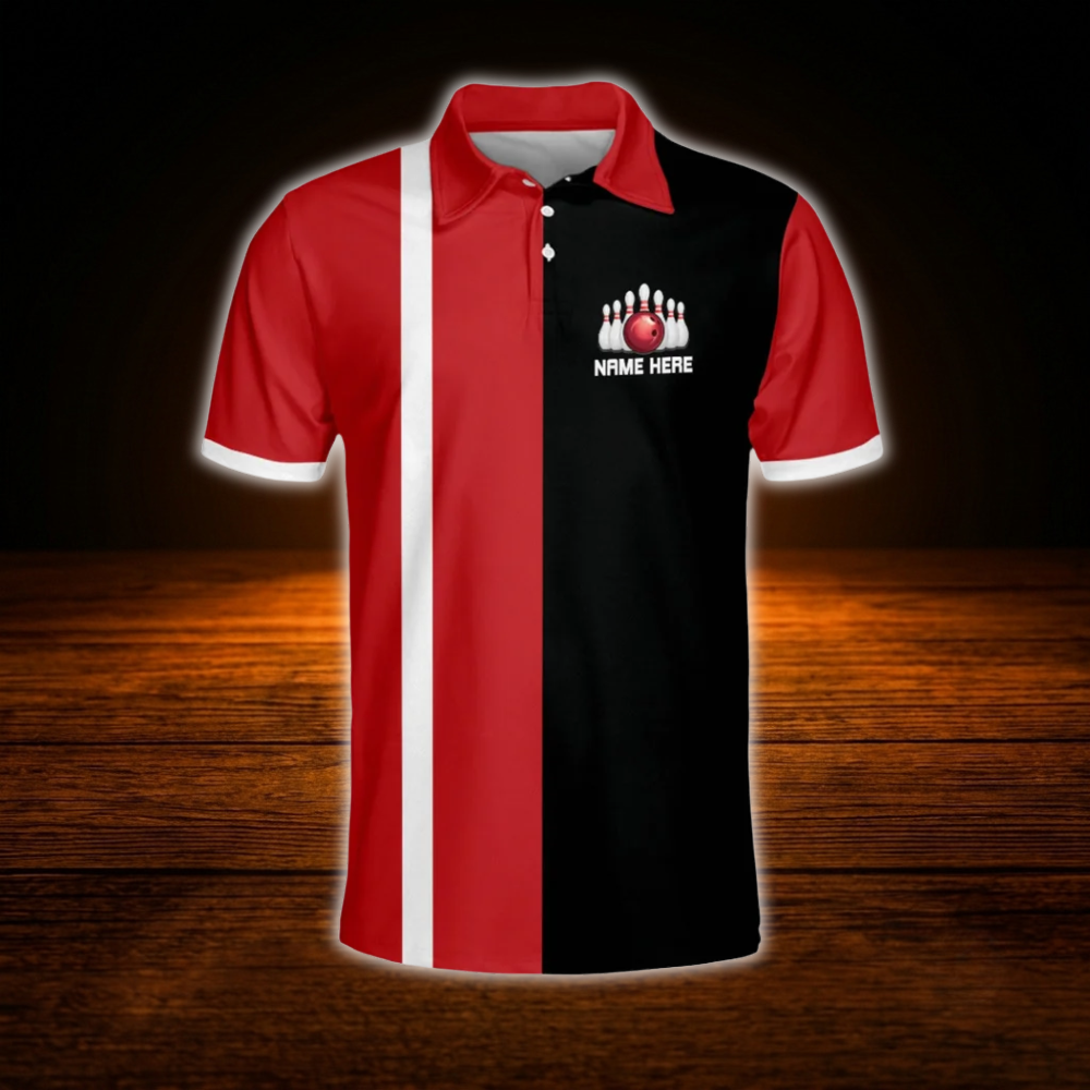 Custom Split Happens Red And Black Bowling Polo Shirts For Men, Custom Funny Bowling Shirts