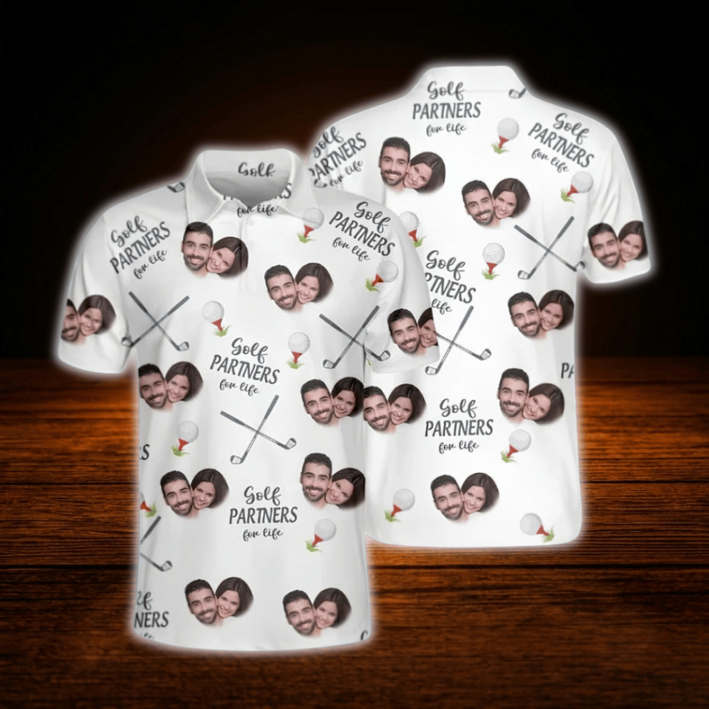Golf Partners For Life Custom Face Matching Golf Polo Shirt For Men And Women, Custom Photo Couples Golf Shirts