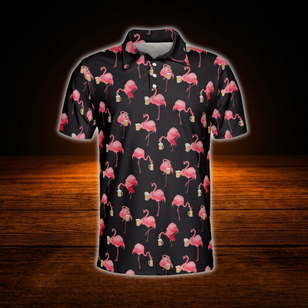Funny Flamingo Beer Men's Golf Polo, Flamingo Golf Shirt