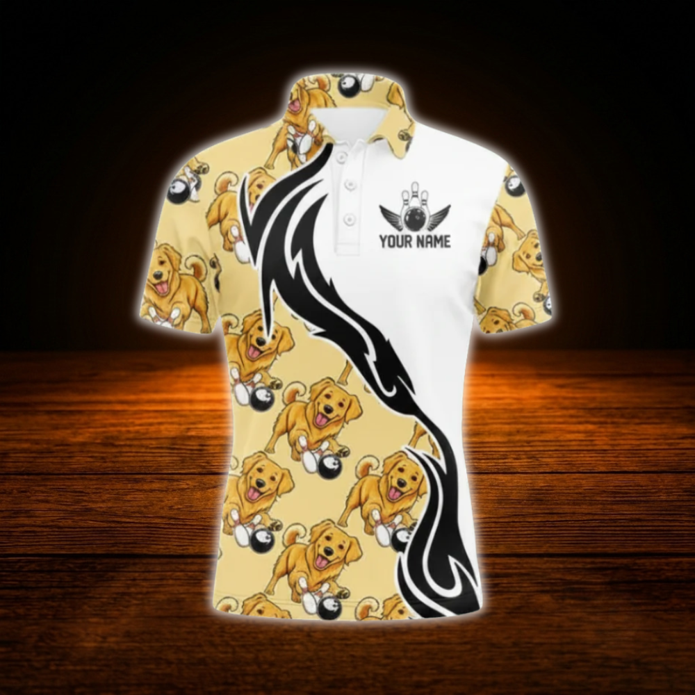 Custom Golden Retriever Mens Bowling Polo Shirts, Custom Dog Bowling Team Shirts