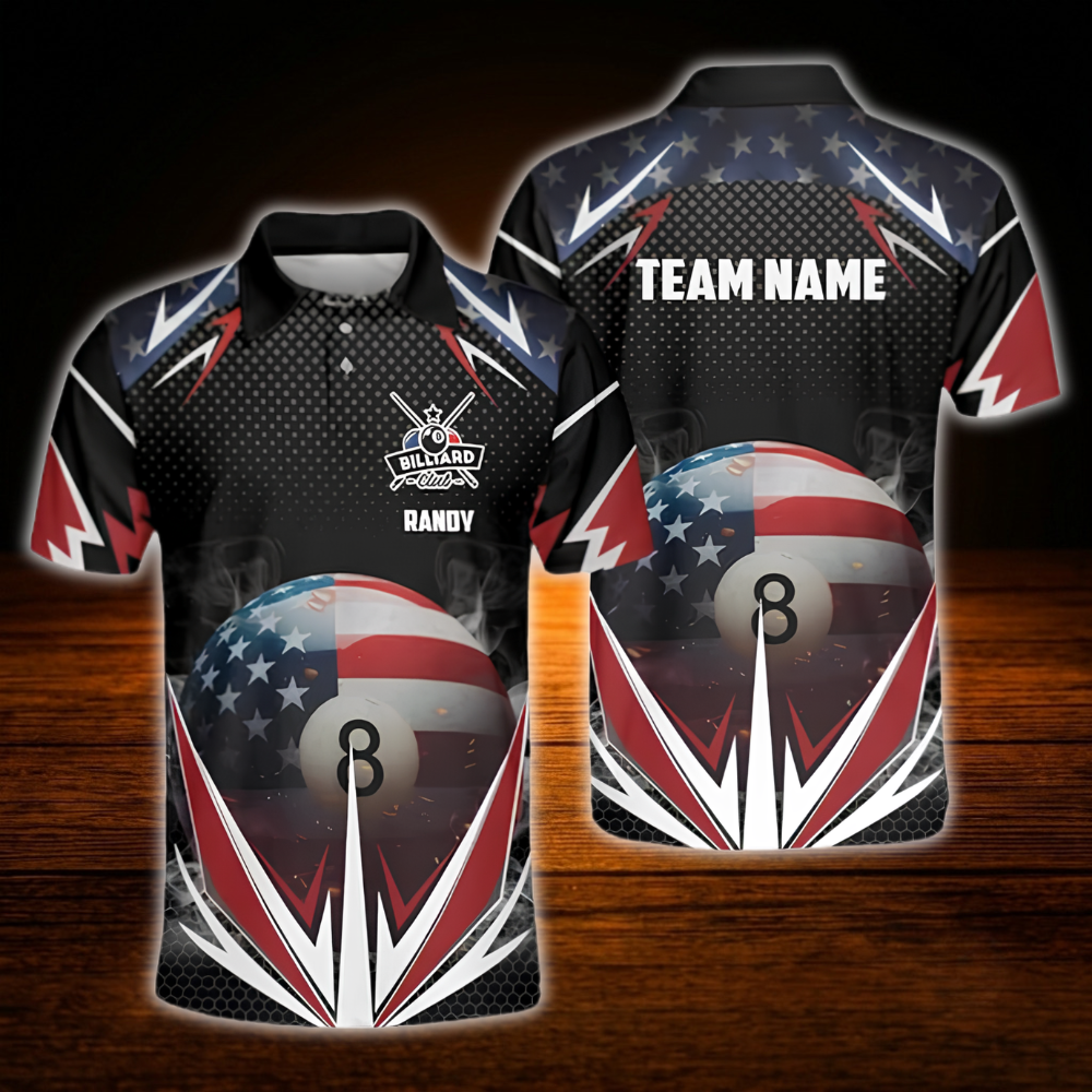 American Flag 8 Ball Custom Men Billiard Polo Shirt, Custom Patriotic Billiard Shirt For Team