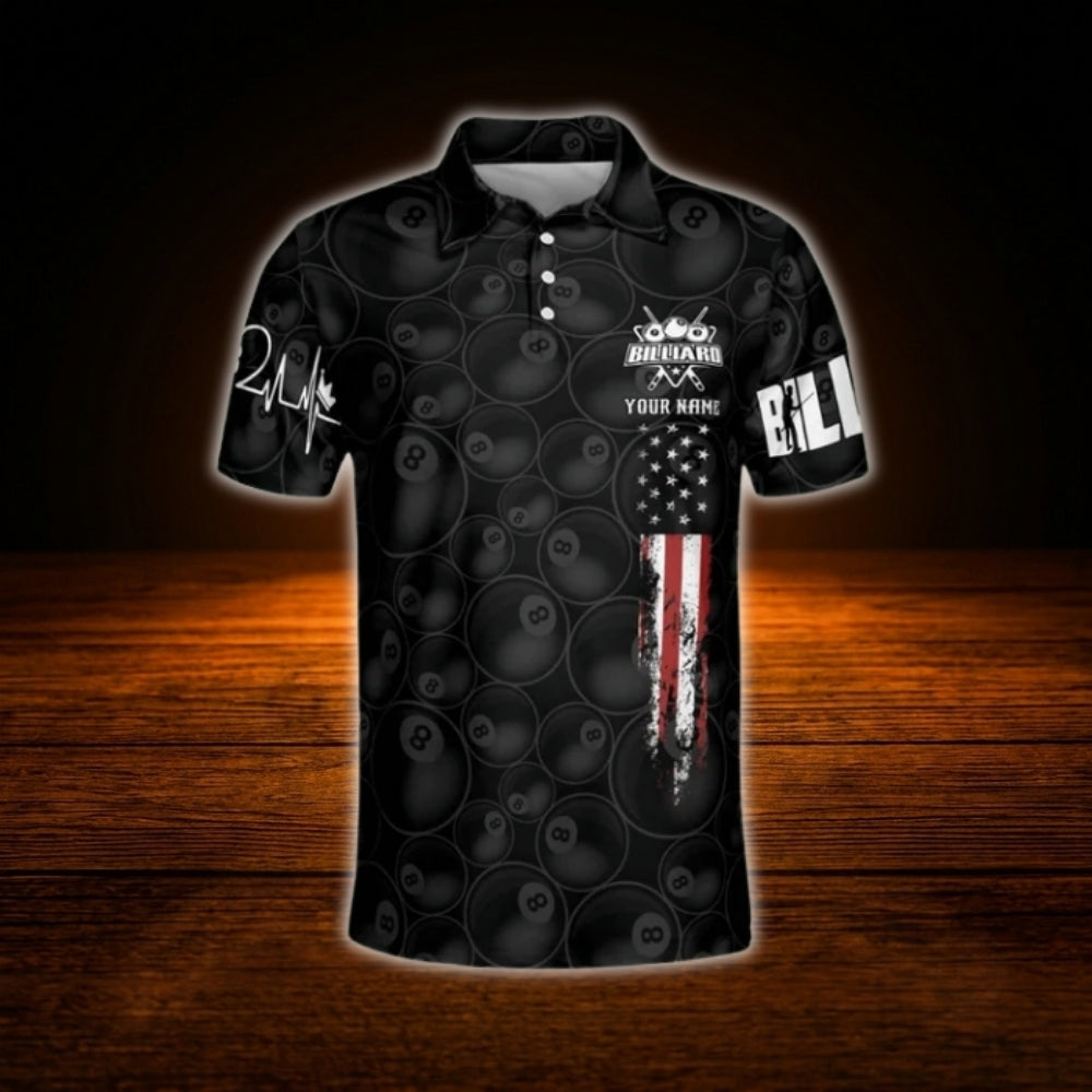 Custom American Flag Black Billiard Polo Shirt Men, Custom Team Patriotic Billiard Shirt
