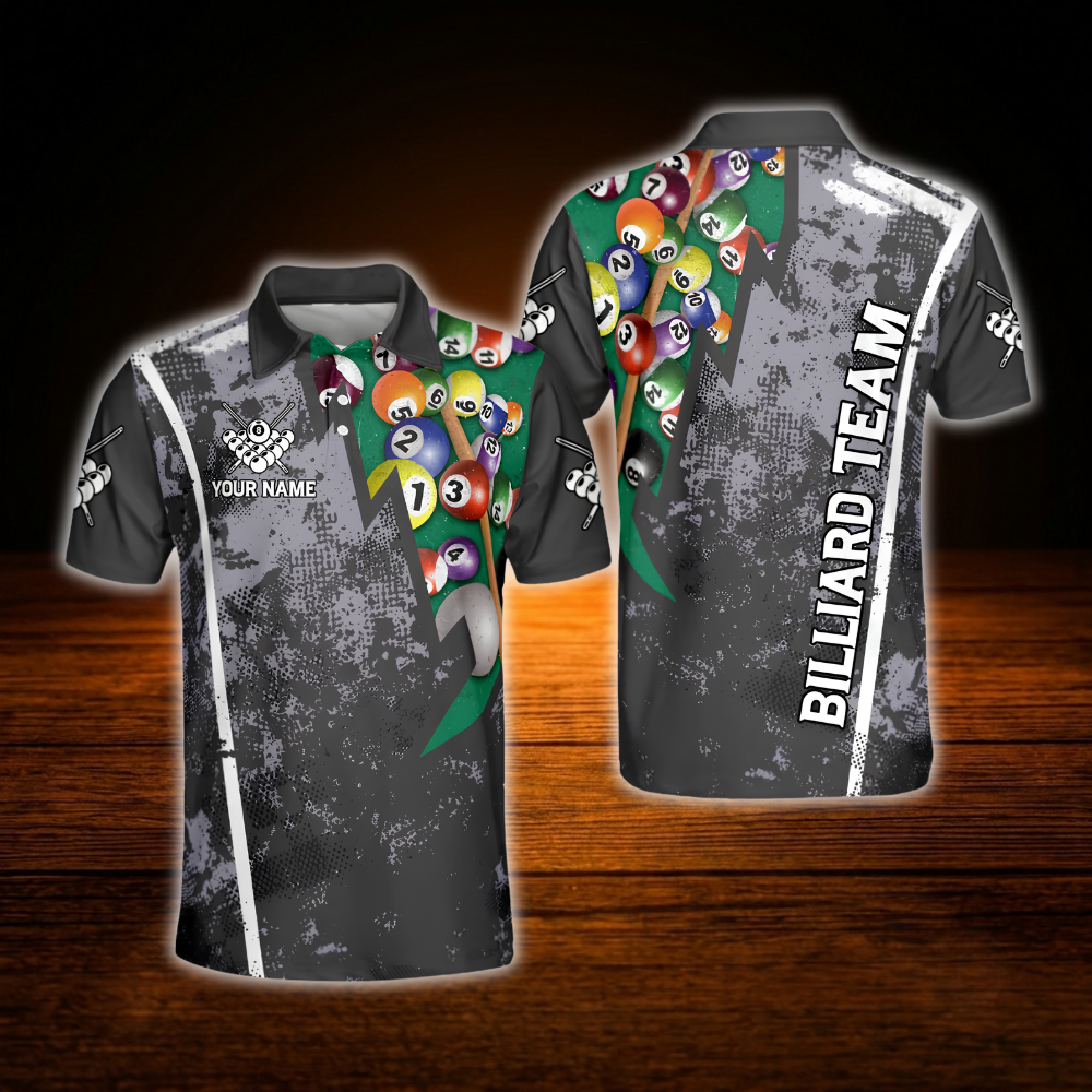 Custom Team Grey Billiard Men Polo Shirt, Custom Billiard Team Shirt