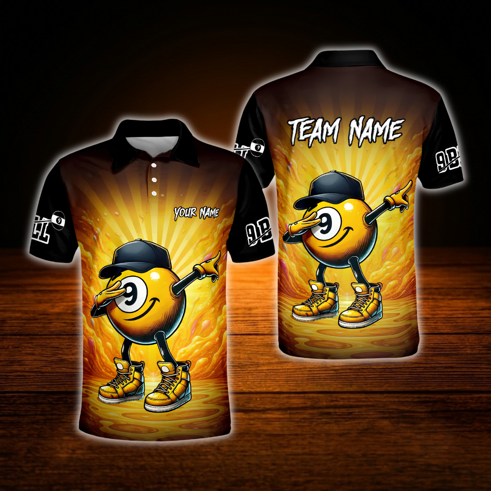 Funny 9 Ball Custom Mens Billiard Polo Shirt Black And Yellow, Custom Team 9 Ball Billiard Shirt