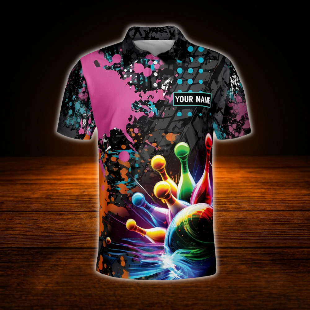 Custom Team Abstract Colorful Bowling Polo Shirts For Men, Custom Bowling Team Shirts