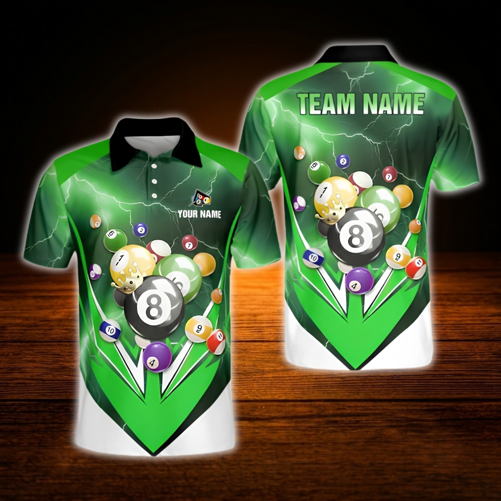 Custom Green Thunder Lightning Billiard Polo Shirt Men, Custom Thunder Billiard Team Shirts