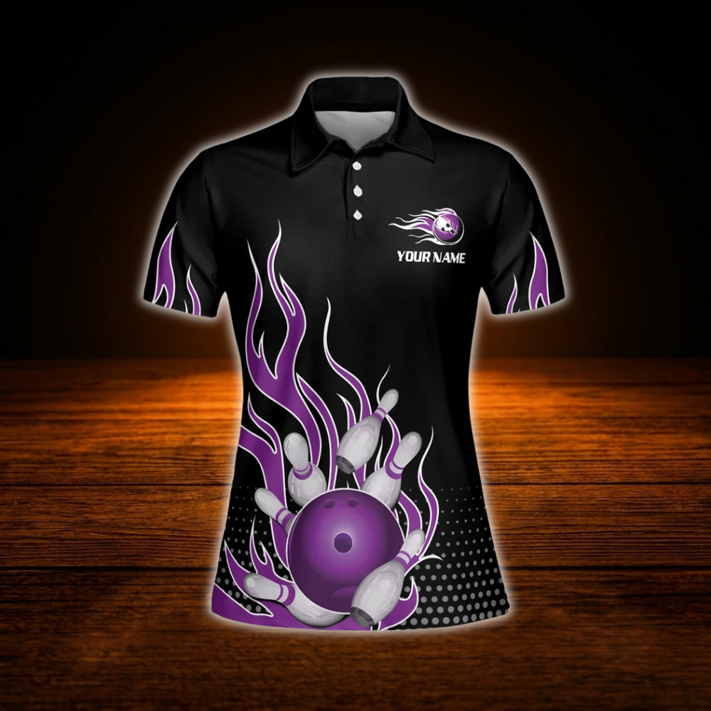 Custom Flame Purple Women Bowling Polo Shirts, Custom Flame Bowling Team Shirts Ladies