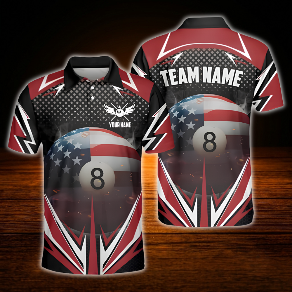 Custom 8 Ball USA Flag Men's Billiard Polo Shirt, Custom Patriotic Team Billiard Shirts