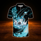 Custom Flame Cyan Black Polo Bowling Shirts For Men, Custom Flame Bowling Team Shirts