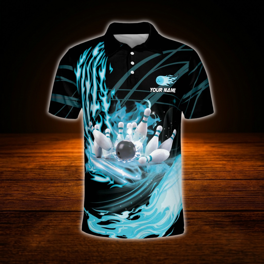 Custom Flame Cyan Black Polo Bowling Shirts For Men, Custom Flame Bowling Team Shirts