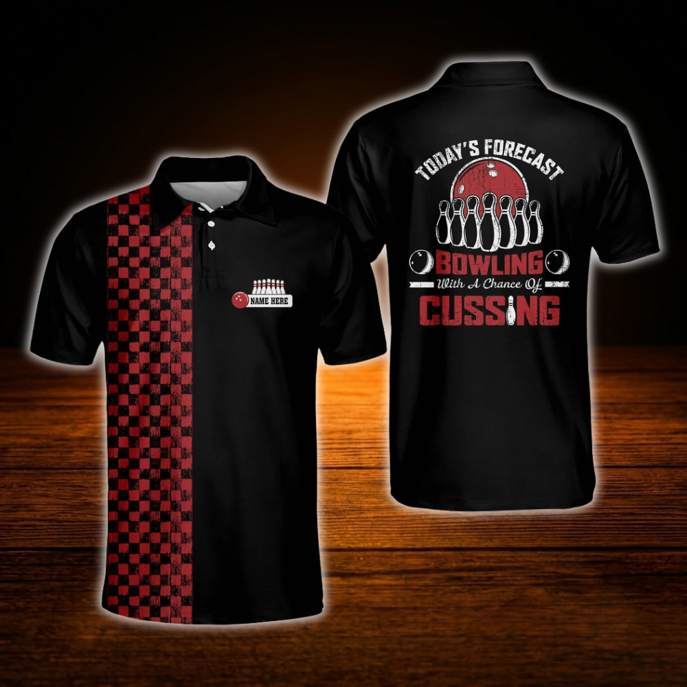 Today's Forecast Bowling With A Change Of Cussing Custom Mens Bowling Polo Shirts, Custom Funny Bowling Shirts