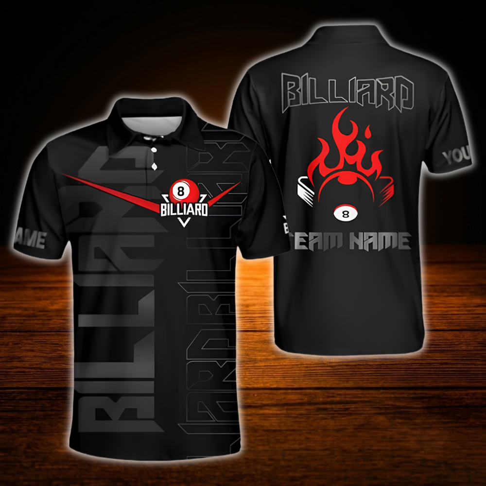 Custom Team 8 Ball Black Red Billiard Polo Shirt For Men, Custom Billiard Team Shirt