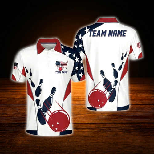 Amercan Flag Custom Bowling Polo Shirts For Men, Custom Patriotic Bowling Team Shirts