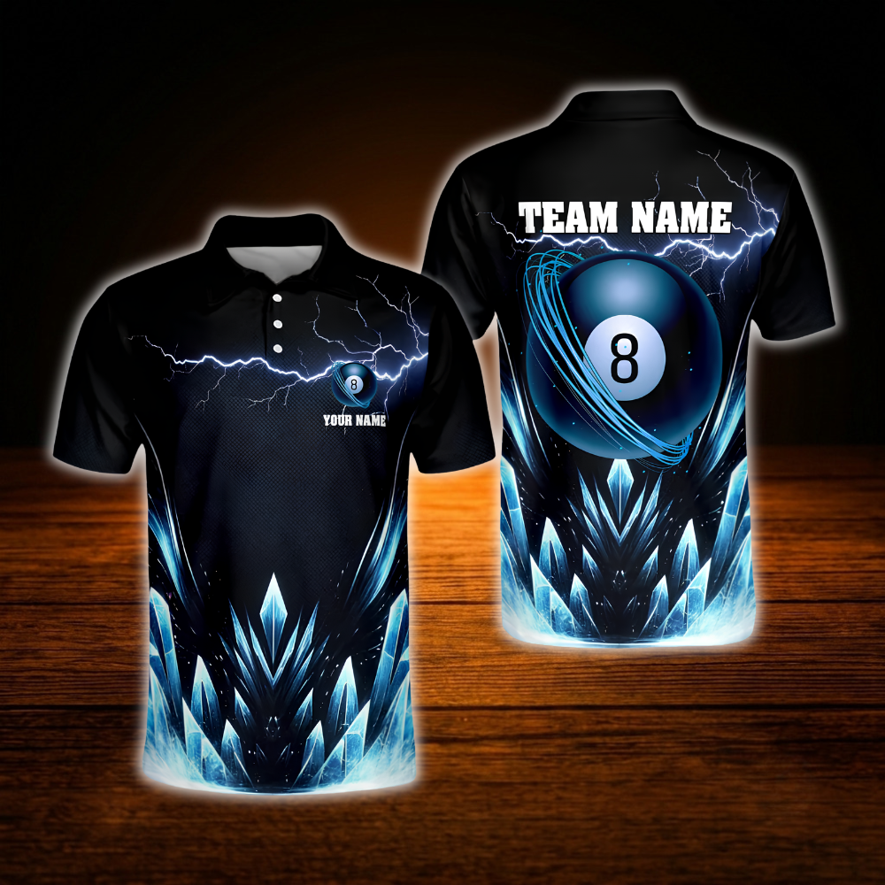 Custom 8 Ball Crystal Lighting Billiard Polo Shirt Men, Custom Team 8 Ball Billiard Shirt