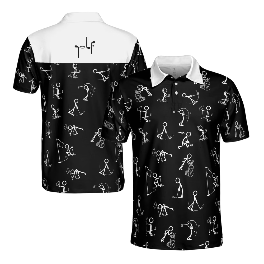 Men's Funny Stickfigures Golf Polo Shirts, Black And White Stickfigures Golf Shirts GE0068