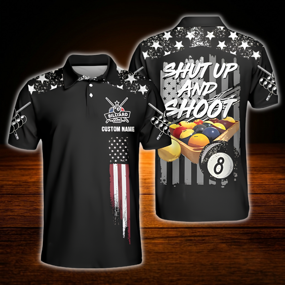 Shut Up And Shoot Custom USA Flag Billiard Men Polo Shirt, Custom Funny Billiard Shirt