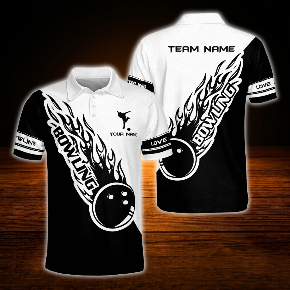 Custom Flame Blue And Black Bowling Polo Shirts For Men, Custom Flame Bowling Team Shirts