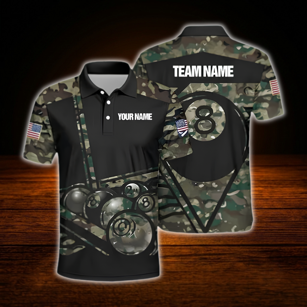 Custom 8 Ball Camoflage Billiard Polo Shirt Men, Custom Camouflage Billiard Shirts For Team
