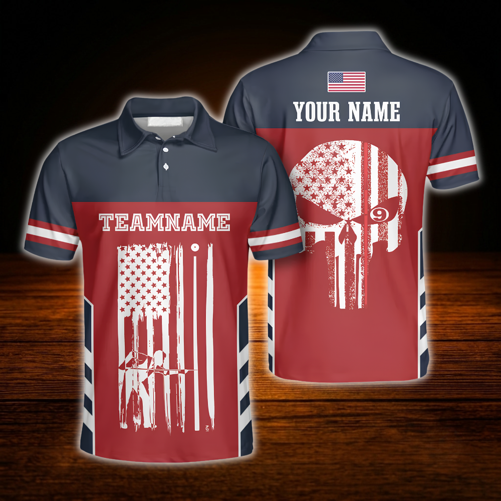 Skull USA Flag Custom Red Navy Billiard Mens Polo Shirt, Custom Skull Billiard Team Shirt