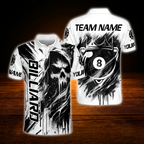 Men's Custom Skull Black White Billiard Polo Shirt, Custom Skull Billiard Team Shirts