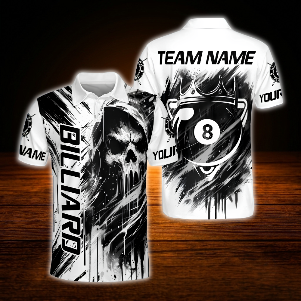 Men's Custom Skull Black White Billiard Polo Shirt, Custom Skull Billiard Team Shirts