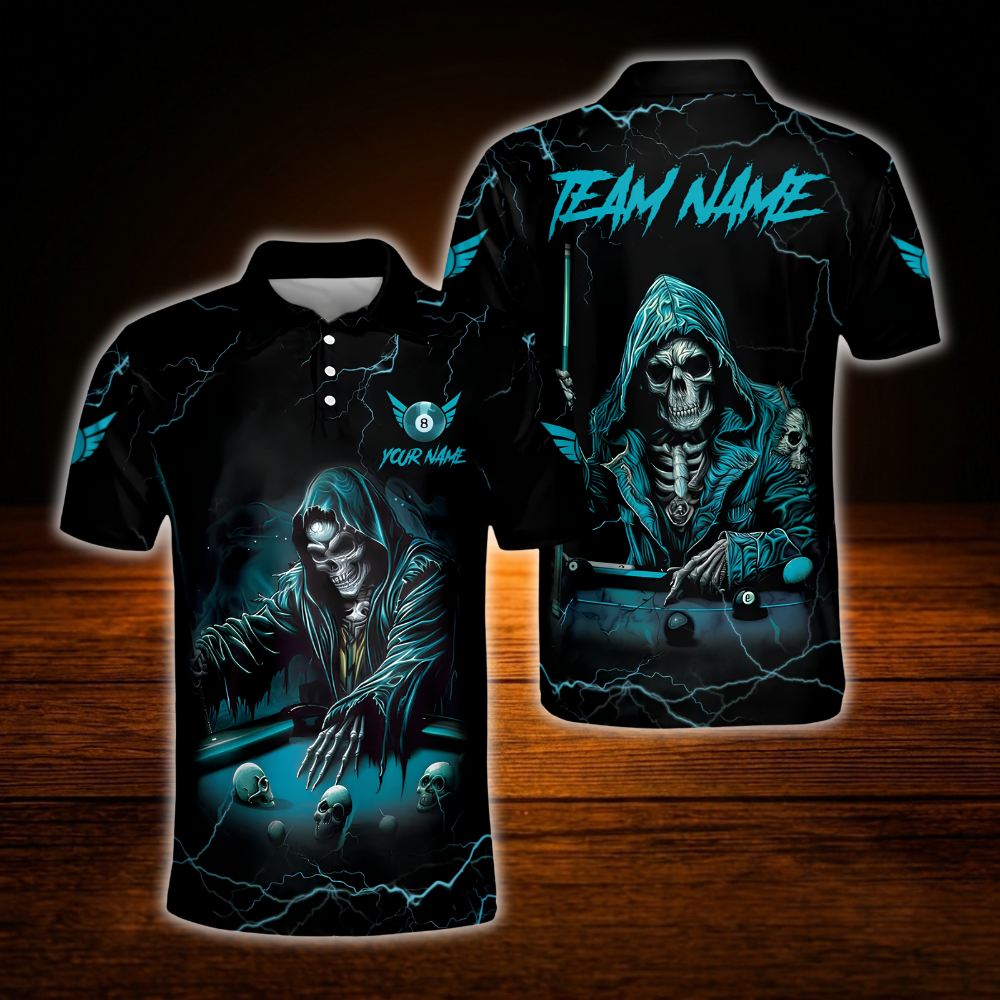 Skeleton Custom Black Cyan Billiard Men Polo Shirt, Custom Skull Billiard Shirt For Team