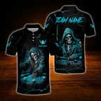 Skeleton Custom Black Cyan Billiard Men Polo Shirt, Custom Skull Billiard Shirt For Team