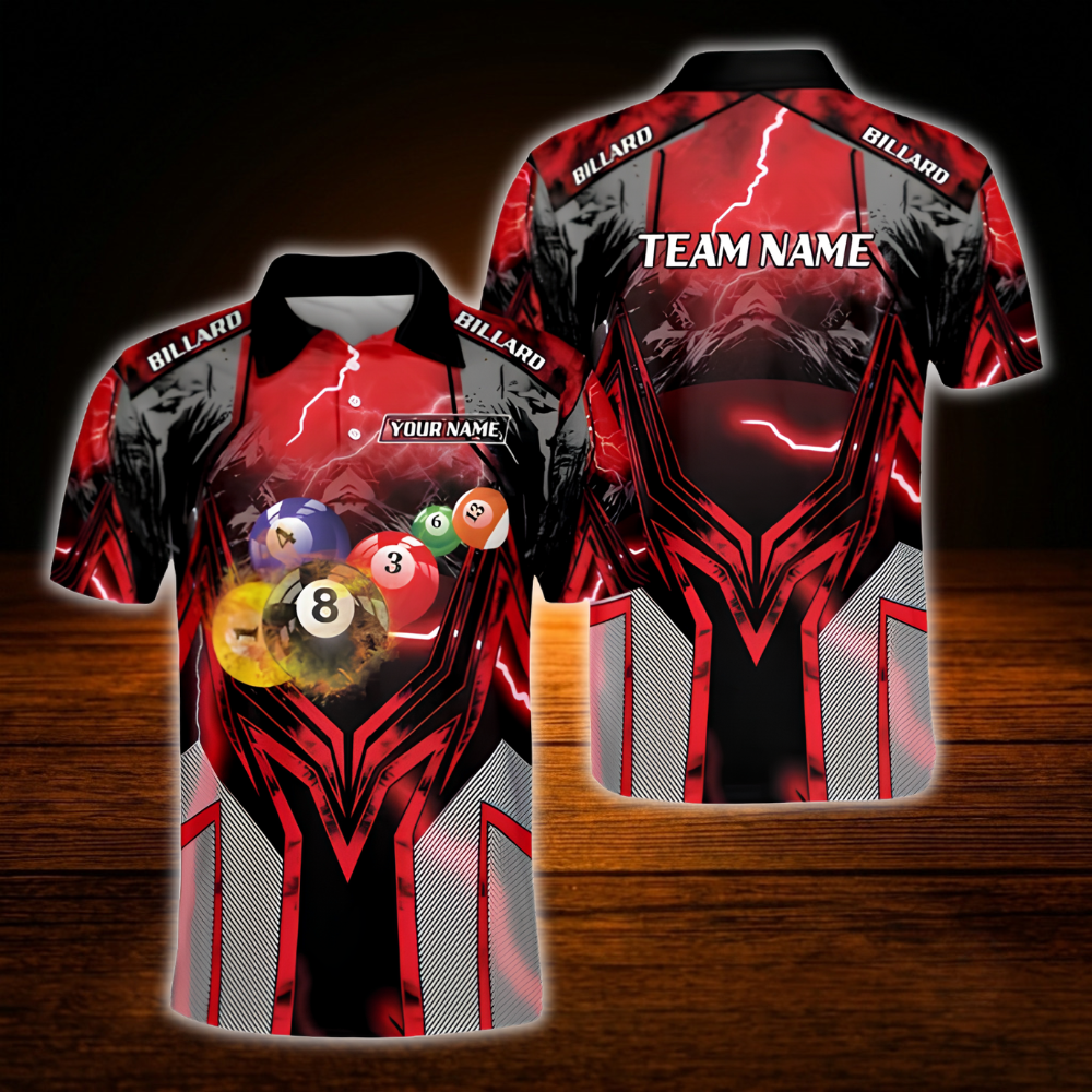 Custom Red Thunder Billiard Polo Shirt For Men, Custom Thunder Billiard Team Shirt