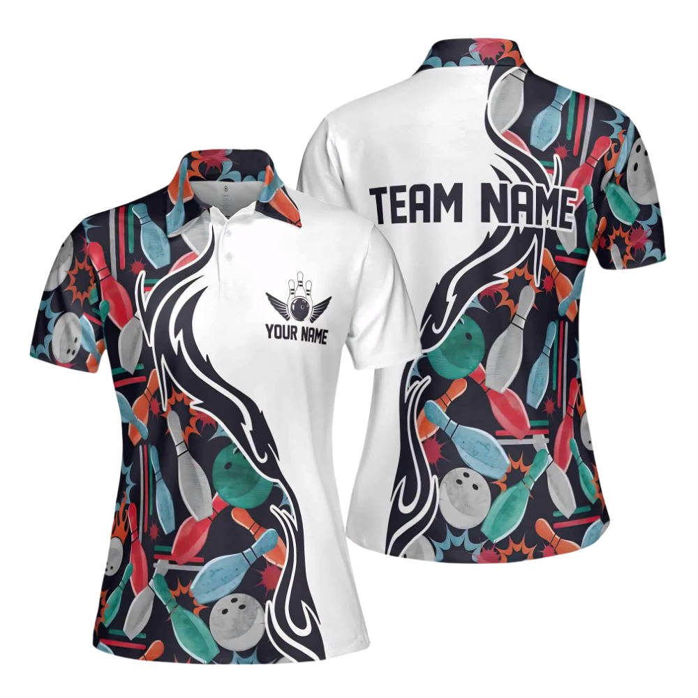 Custom Team Pattern Colorful White Bowling Polo Shirt For Women, Custom Bowling Shirt Womens BE0003