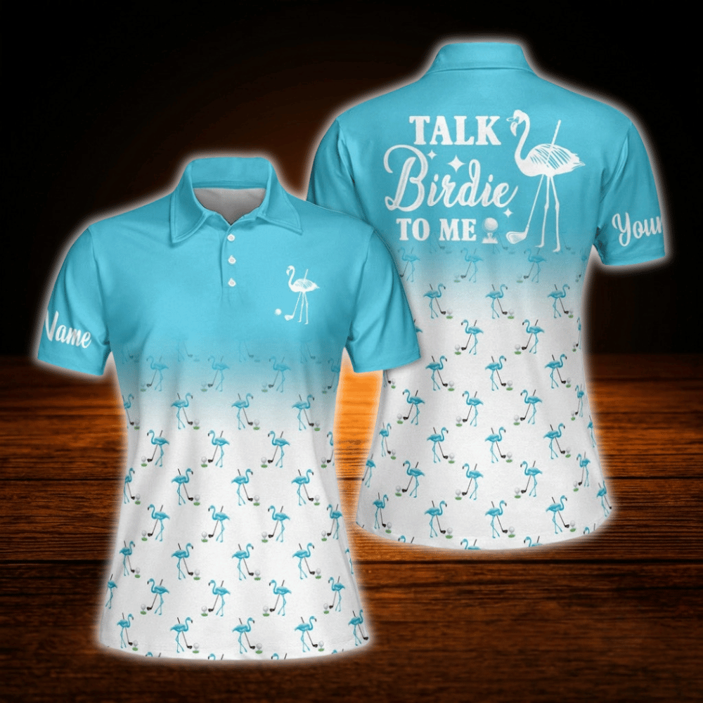 Talk Birdie To Me Personalized Flamingo Women's Pink And White Golf Polo Shirt, Custom Flamingo Golf Shirts For Ladies