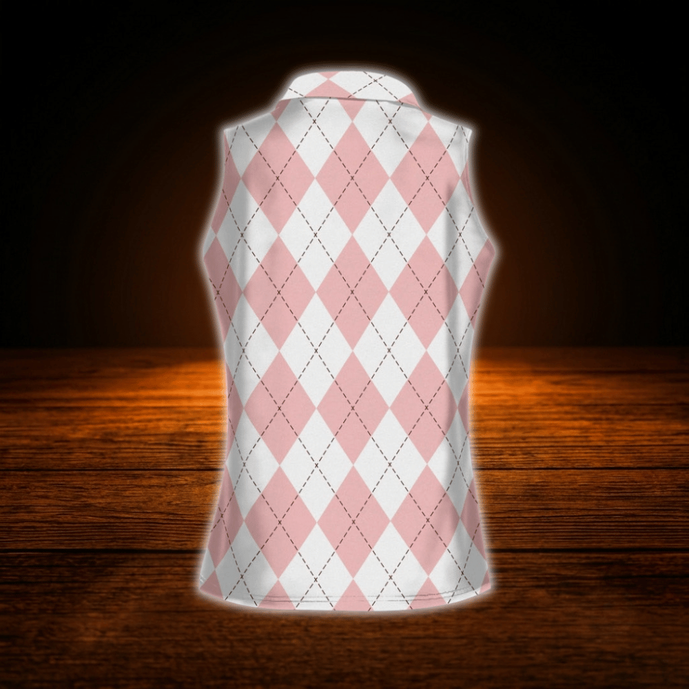 Pink Argyle Women's Sleeveless Golf Shirt, Argyle Golf Shirt For Ladies