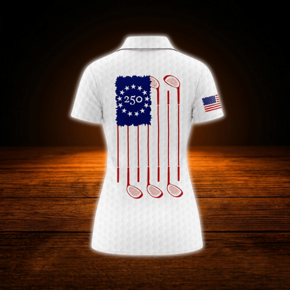 We The People Women's Grunge White American Flag Golf Polo Shirt, 4th Of July Patriotic Golf Shirt For Ladies