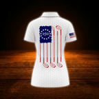 We The People Women's Grunge White American Flag Golf Polo Shirt, 4th Of July Patriotic Golf Shirt For Ladies