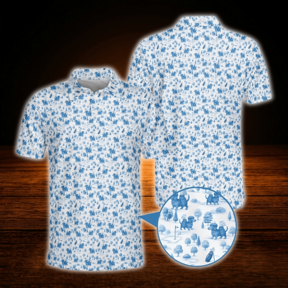 Dachshund Blue And White Men's Polo Golf Shirts, Dachshund Golf Shirts