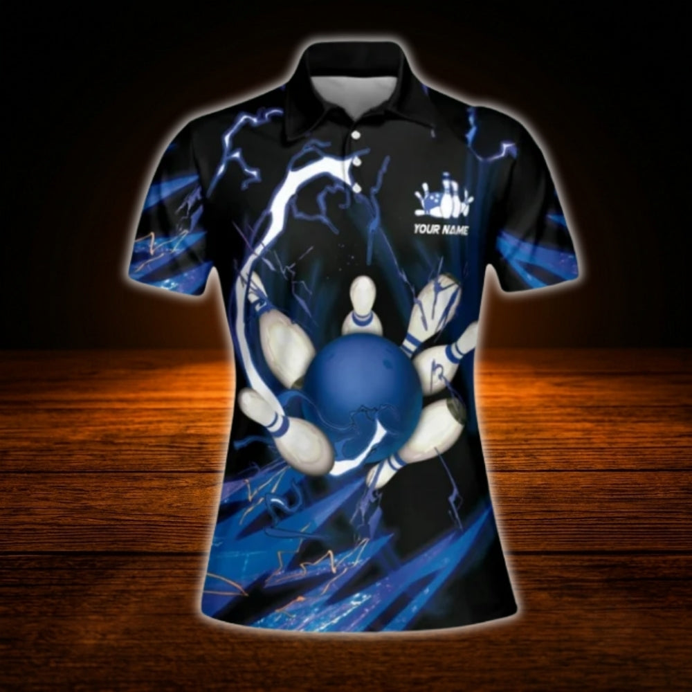 Womens Custom Thunder Blue Black Bowling Polo Shirt, Custom Team Thunder Bowling Shirt For Ladies