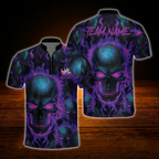 Skeleton Flaming Custom Purple Black Bowling Jersey For Men, Custom Skull Bowling Shirt For Team
