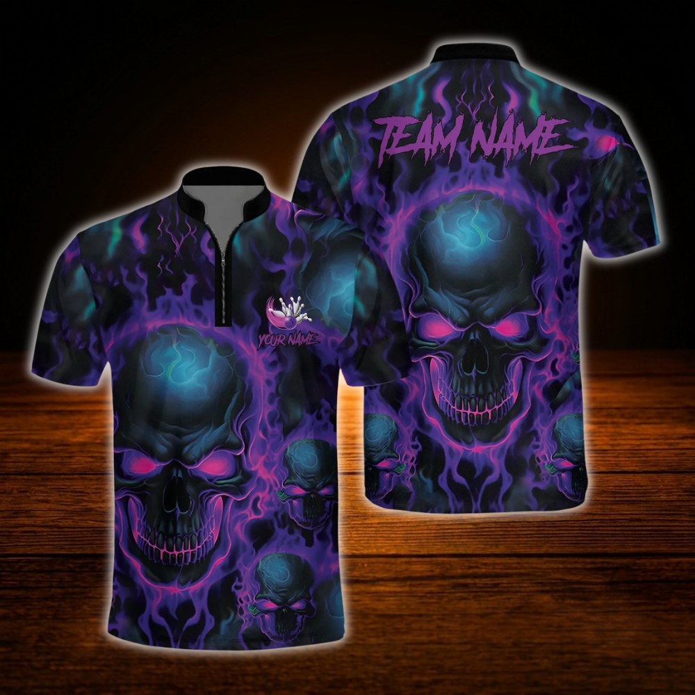 Skeleton Flaming Custom Purple Black Bowling Jersey For Men, Custom Skull Bowling Shirt For Team