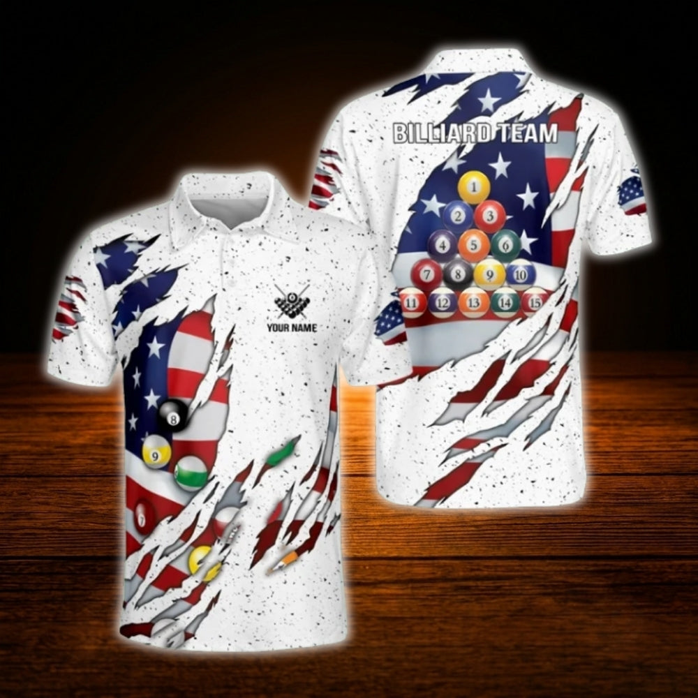 Custom American Flag Billiard Men Polo Shirt White, Custom Patriotic Billiard Shirt For Team